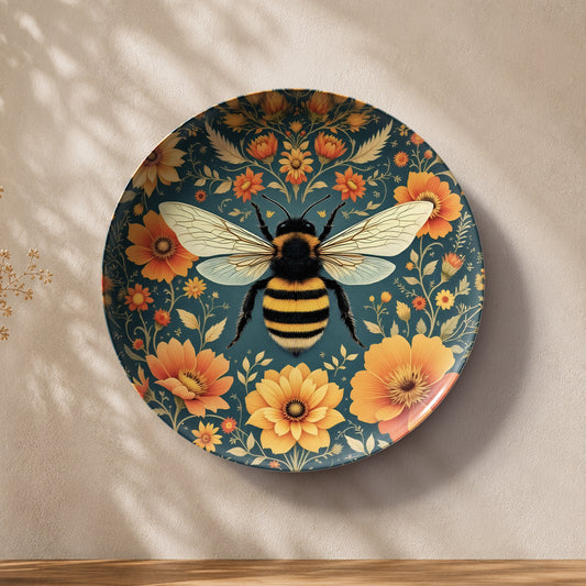 Buzzing Blooms – Golden Bee Ceramic Wall Plate