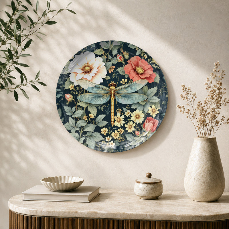 Wings of Elegance dragonfly ceramic wall plate featuring blooming flowers and botanical artwork
