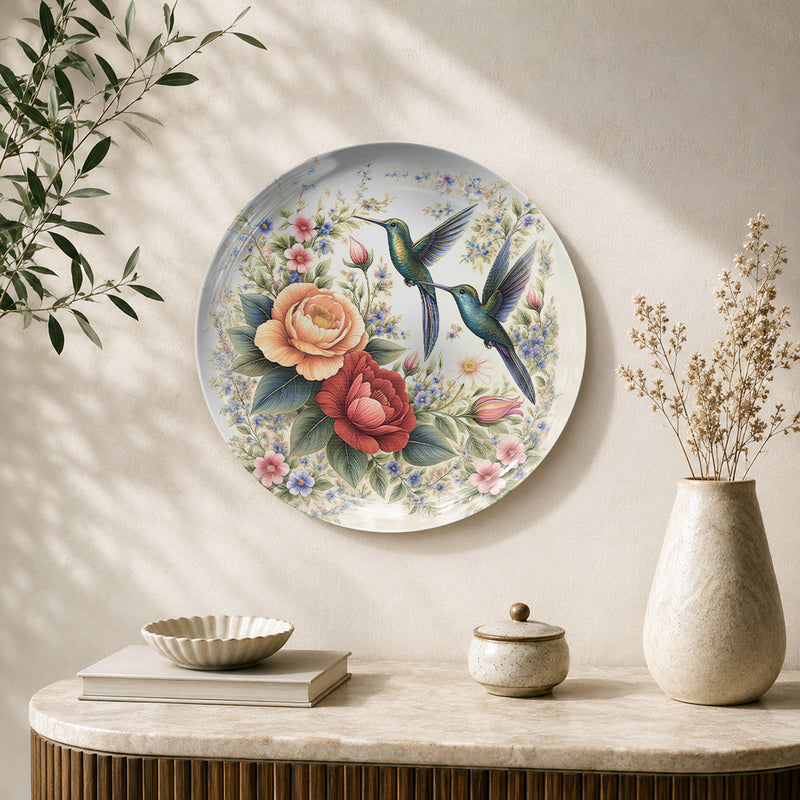 Whispers of Spring hummingbird ceramic wall plate featuring blooming flowers and botanical artwork