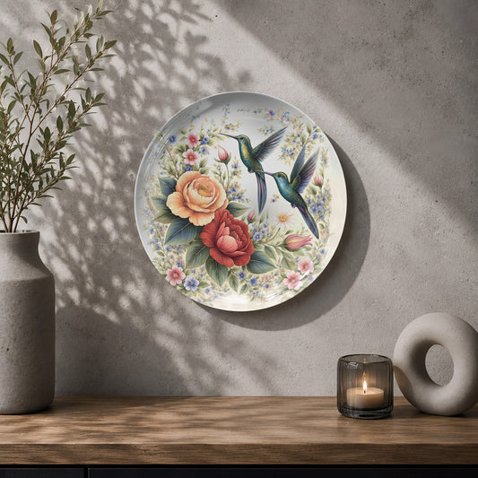 Hummingbird ceramic wall plate souvenir with colourful blossoms, greenery and delicate bird artwork