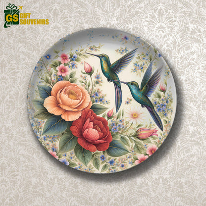 Whispers of Spring – Hummingbirds Amid Blossoms Ceramic Plate