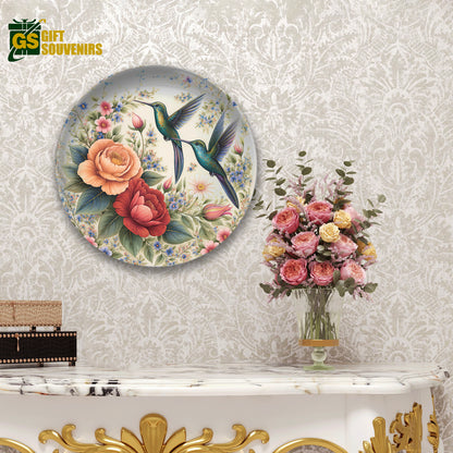 Whispers of Spring – Hummingbirds Amid Blossoms Ceramic Plate
