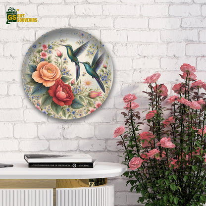 Whispers of Spring – Hummingbirds Amid Blossoms Ceramic Plate