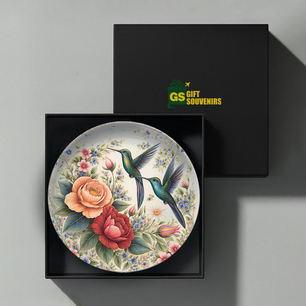 Whispers of Spring – Hummingbirds Amid Blossoms Ceramic Plate
