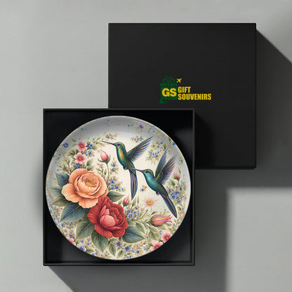 Whispers of Spring – Hummingbirds Amid Blossoms Ceramic Plate