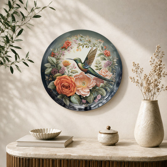 Garden Symphony hummingbird ceramic wall plate featuring blooming roses and botanical artwork