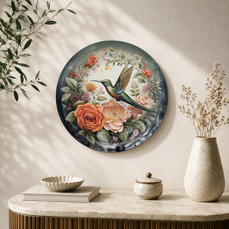 Garden Symphony hummingbird ceramic wall plate featuring blooming roses and botanical artwork