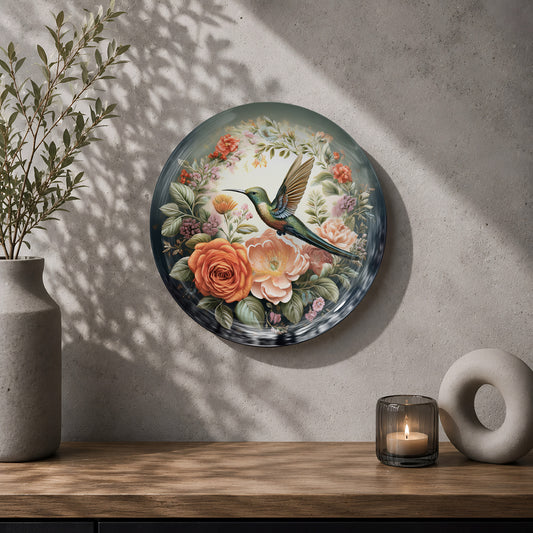 Hummingbird ceramic wall plate souvenir with roses, greenery and delicate floral details