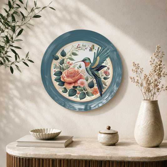 Framed Elegance hummingbird ceramic wall plate featuring roses and botanical artwork