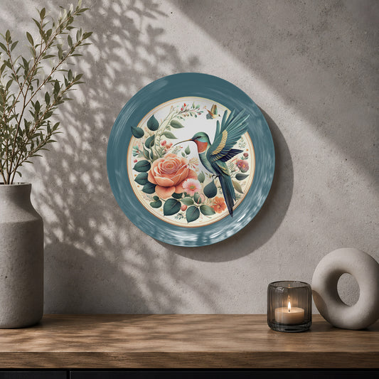 Hummingbird and roses ceramic wall plate souvenir with elegant floral details and teal border