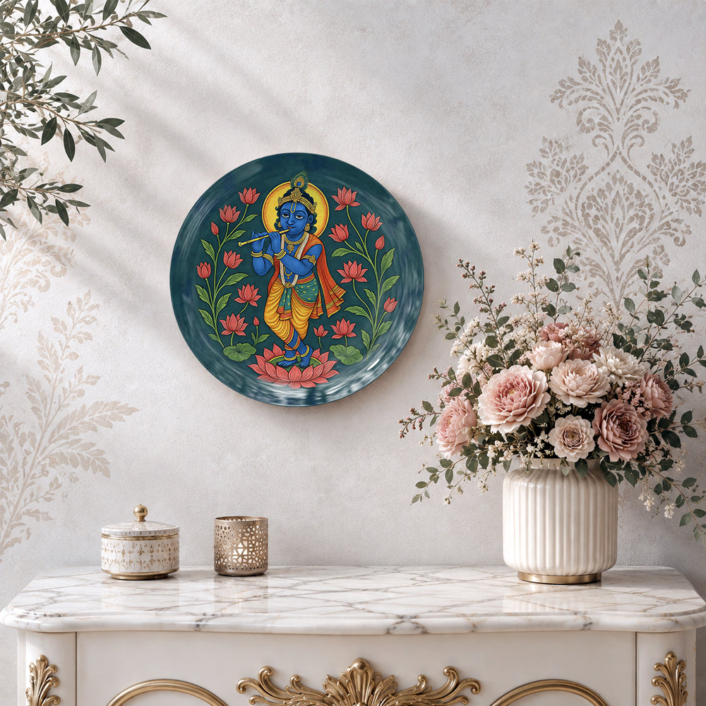 Indian heritage Krishna ceramic wall plate souvenir for devotional home décor and gifting