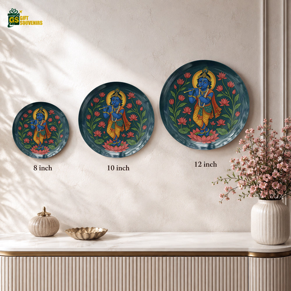 Krishna devotional ceramic wall plate souvenir with premium gift box and traditional Indian artwork