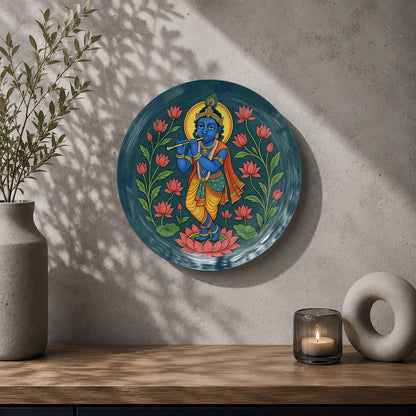 Sacred Symphony ceramic wall plate inspired by Krishna, lotus flowers and Indian spiritual art