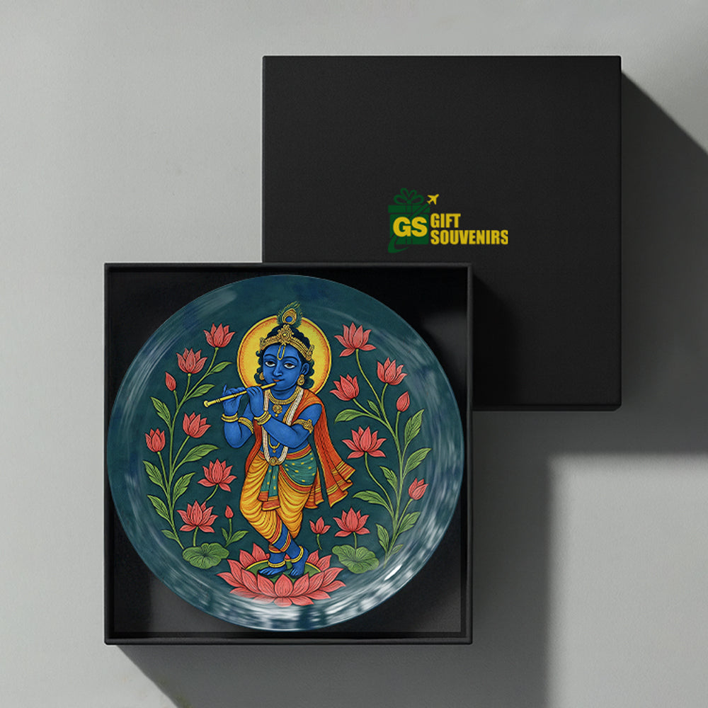 Premium Indian heritage ceramic wall plate featuring Krishna with flute surrounded by lotus blooms