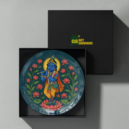 Premium Indian heritage ceramic wall plate featuring Krishna with flute surrounded by lotus blooms