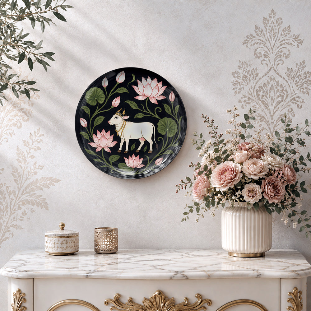 Eternal Purity cow wall decor plate with lotus artwork inspired by Indian heritage and spirituality