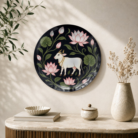 Eternal Purity Vaastu cow ceramic wall plate with white cow and blooming lotus flowers