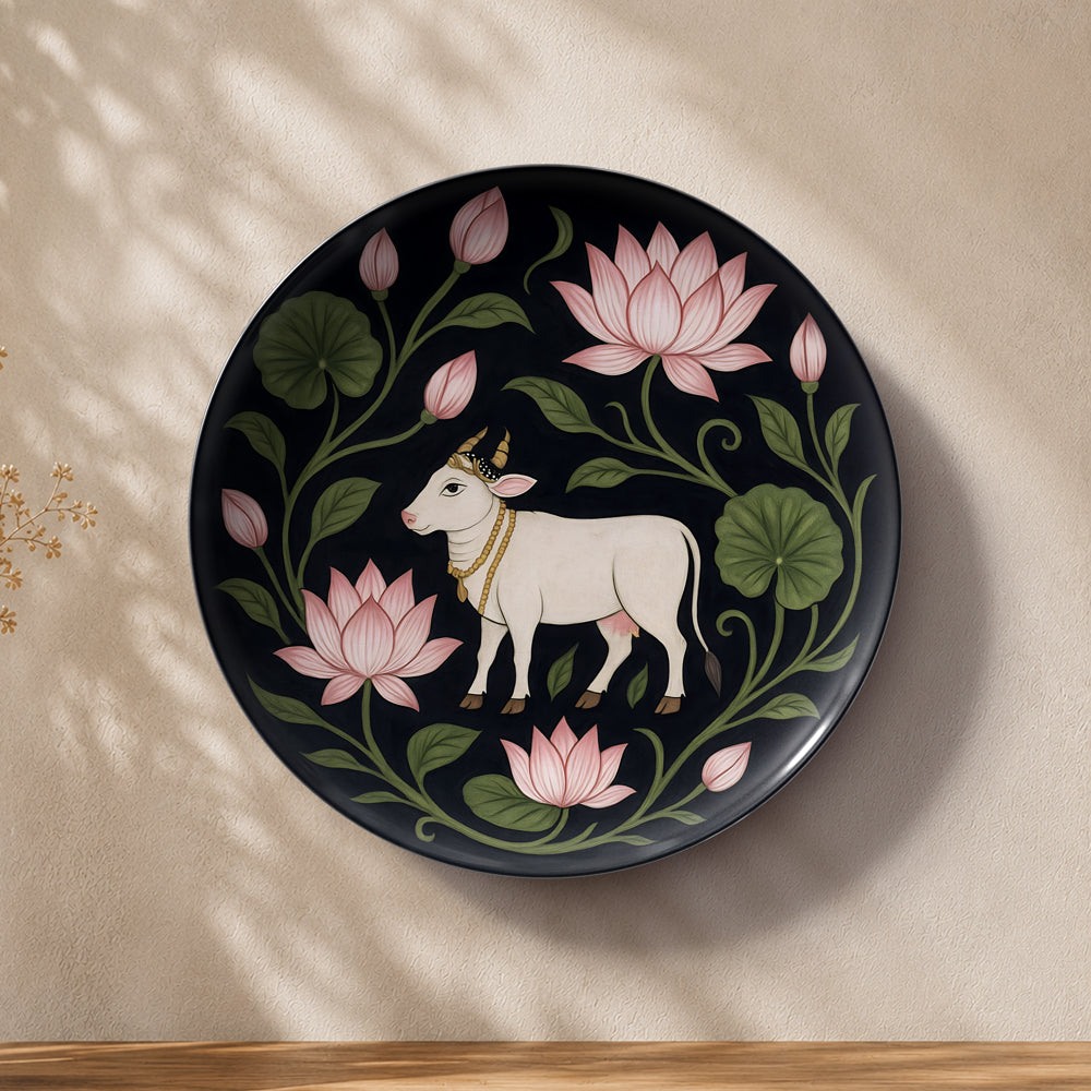 Cow lotus ceramic wall plate presented in a premium gift box for Vaastu-inspired gifting