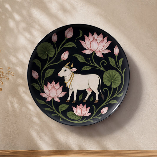 Cow lotus ceramic wall plate presented in a premium gift box for Vaastu-inspired gifting