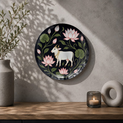 Decorative cow and lotus ceramic wall plate for peaceful and auspicious home interiors