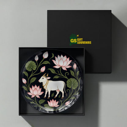 Eternal Purity Vaastu ceramic wall plate with cow and lotus artwork in a premium gift box
