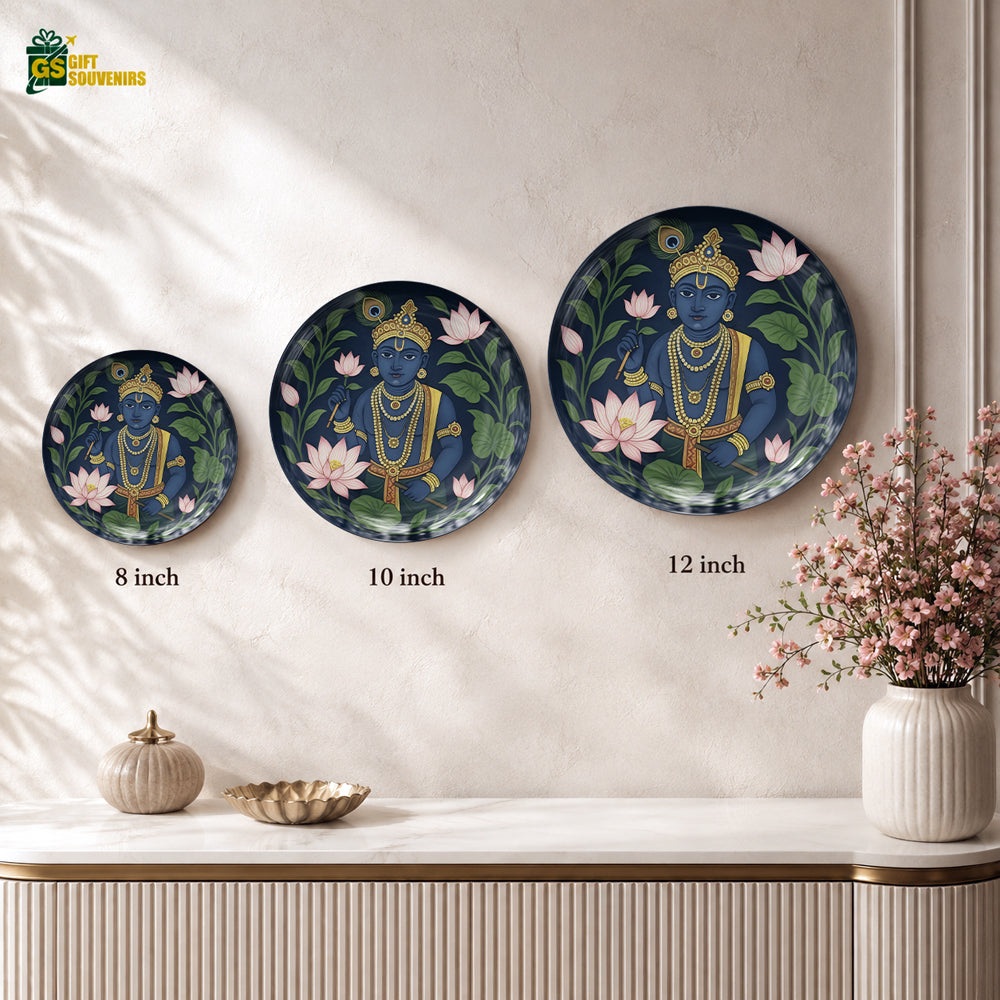 Krishna devotional ceramic wall plate souvenir with premium gift box and traditional Indian artwork