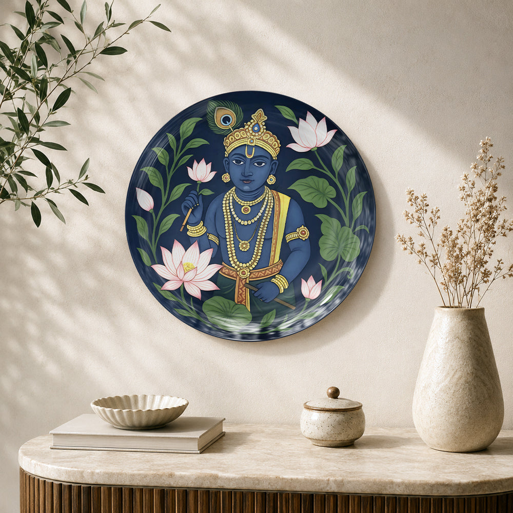 Sacred Symphony Krishna ceramic wall plate featuring Lord Krishna surrounded by blooming lotus flowers