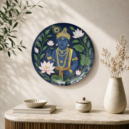Sacred Symphony Krishna ceramic wall plate featuring Lord Krishna surrounded by blooming lotus flowers
