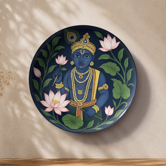 Krishna Indian heritage ceramic wall plate souvenir with traditional devotional artwork and lotus blooms
