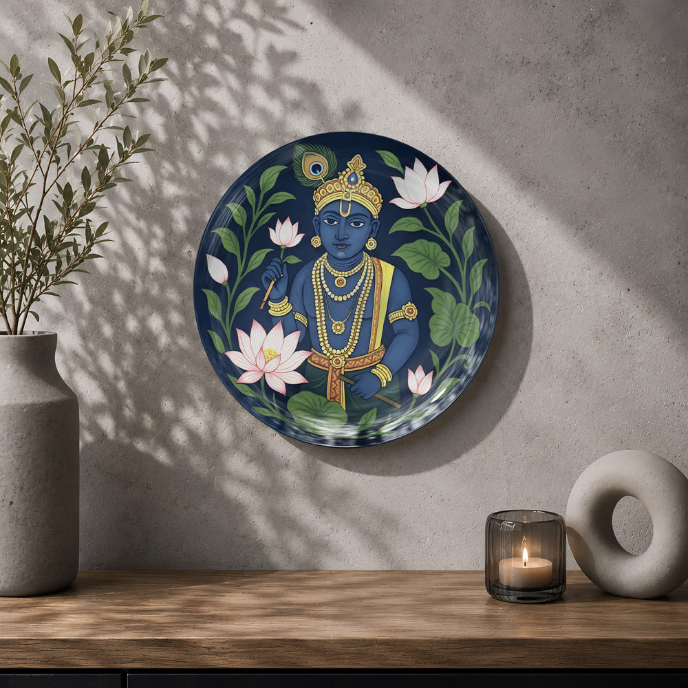 Sacred Symphony ceramic wall plate inspired by Krishna, lotus flowers and Indian spiritual art