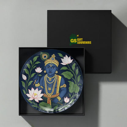 Premium Indian heritage ceramic wall plate featuring Krishna surrounded by lotus flowers and lush greenery