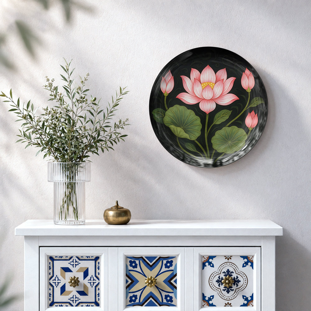 Blossoms of Enlightenment ceramic wall plate featuring pink lotus petals, green leaves and lotus buds