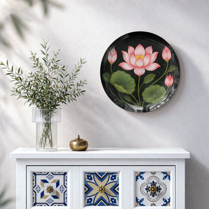 Blossoms of Enlightenment ceramic wall plate featuring pink lotus petals, green leaves and lotus buds