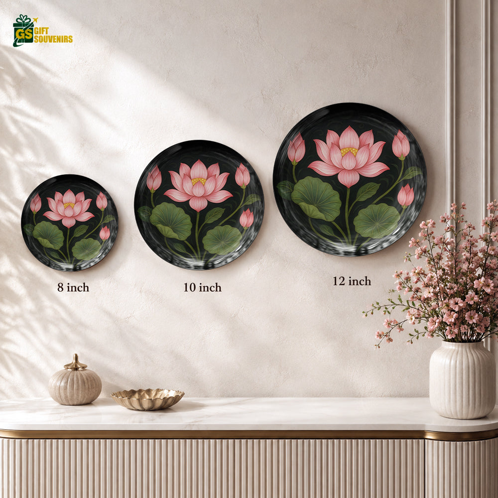 Premium lotus ceramic wall plate featuring a pink blooming lotus against a deep black background