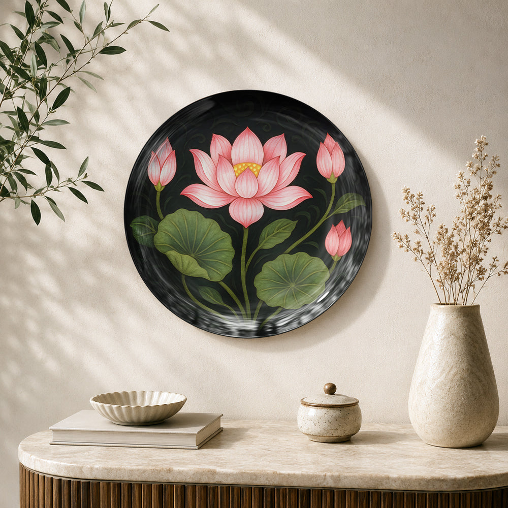 Blossoms of Enlightenment Sacred Lotus ceramic wall plate featuring a pink lotus flower