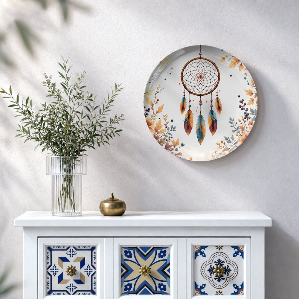 Dreamcatcher ceramic wall plate with earthy feathers and floral details for peaceful home interiors