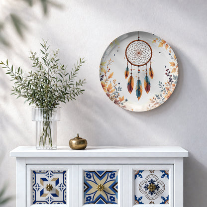 Dreamcatcher ceramic wall plate with earthy feathers and floral details for peaceful home interiors