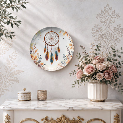 Boho dreamcatcher ceramic wall plate featuring a detailed web and hanging decorative feathers