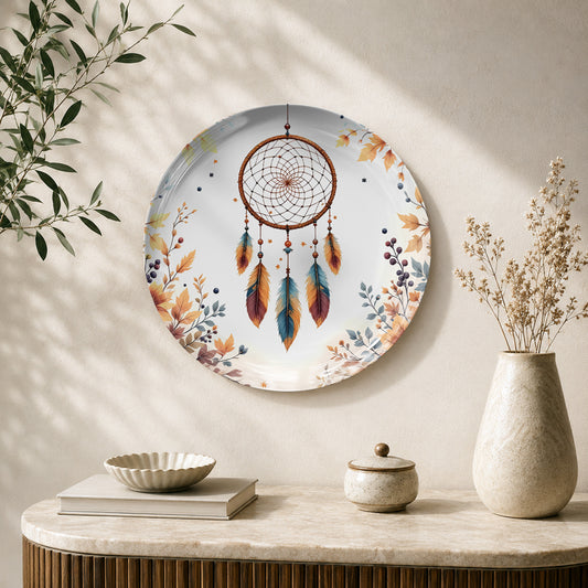 Dreamcatcher Serenity ceramic wall plate with feathers and botanical artwork for spiritual home decor