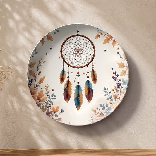 Dreamcatcher Serenity decorative ceramic wall plate with colorful feathers and dreamcatcher design