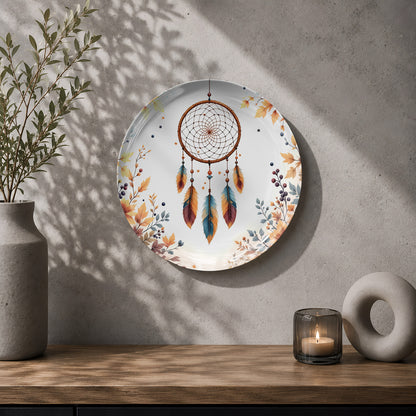 Spiritual dreamcatcher wall decor plate with blue, terracotta and brown feather artwork
