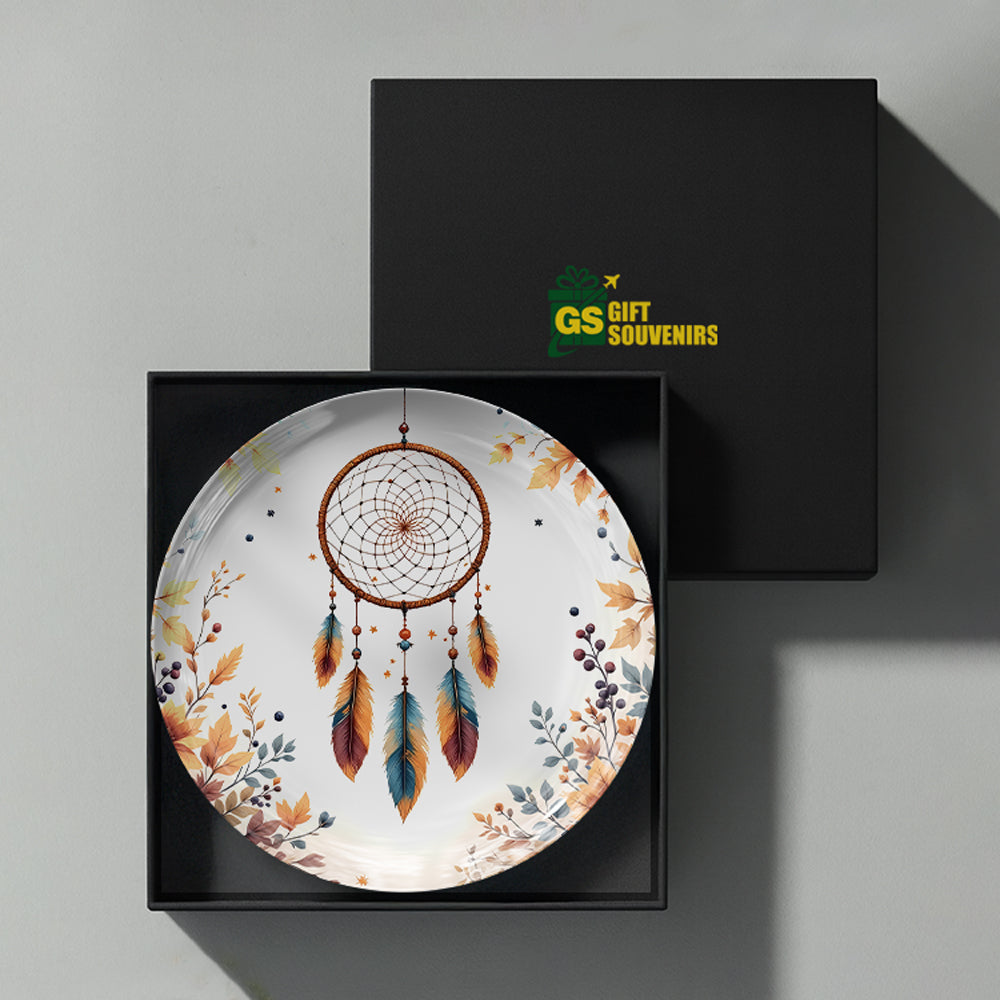 Decorative dreamcatcher ceramic wall plate presented in a premium gift box for spiritual-inspired decor