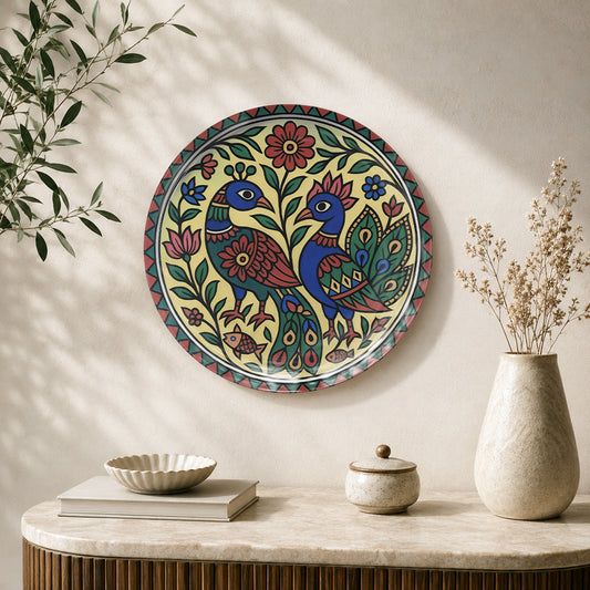 Madhubani Magic Indian folk art ceramic wall plate featuring two birds and colourful floral motifs