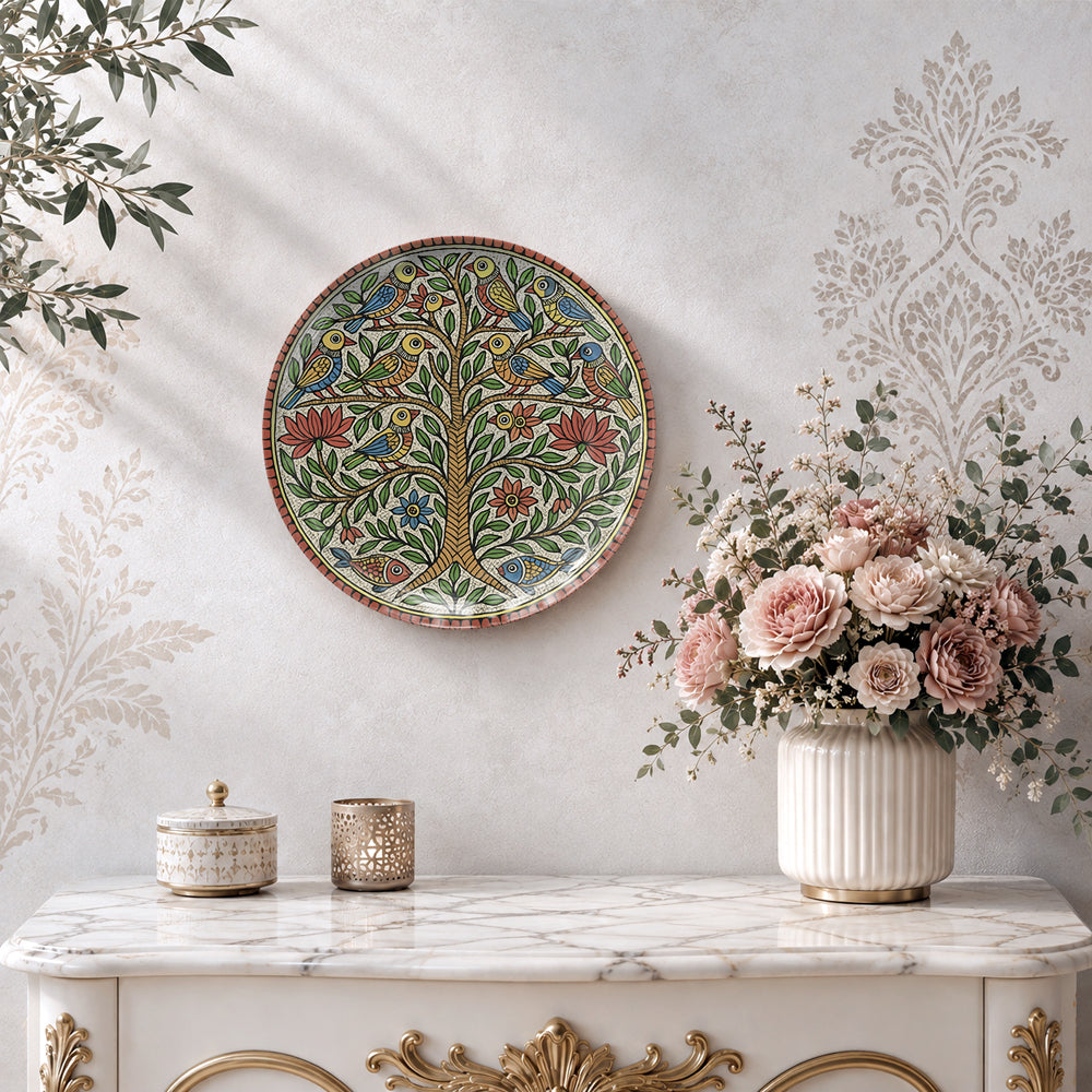 Decorative Madhubani wall plate with an intricate Tree of Life surrounded by nature-inspired patterns and motifs.