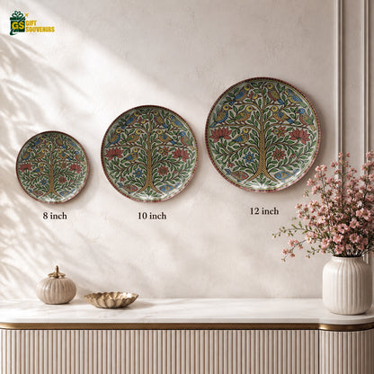 Glossy ceramic wall plate featuring colourful Madhubani-inspired Tree of Life artwork with intricate linework.