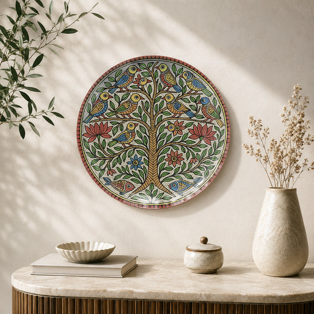 Tree of Life Madhubani ceramic wall plate featuring intricate traditional Indian folk art and nature motifs.