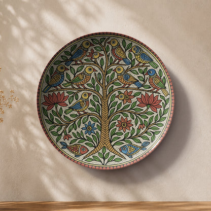 Premium Madhubani ceramic wall plate showcasing a detailed Tree of Life with birds, leaves, and floral patterns.