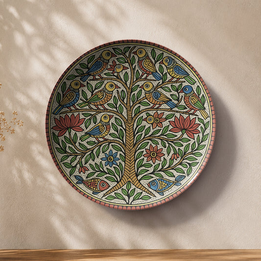 Premium Madhubani ceramic wall plate showcasing a detailed Tree of Life with birds, leaves, and floral patterns.