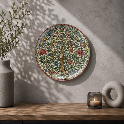 Tree of Life Madhubani ceramic wall art celebrating traditional Indian folk-art craftsmanship and storytelling.