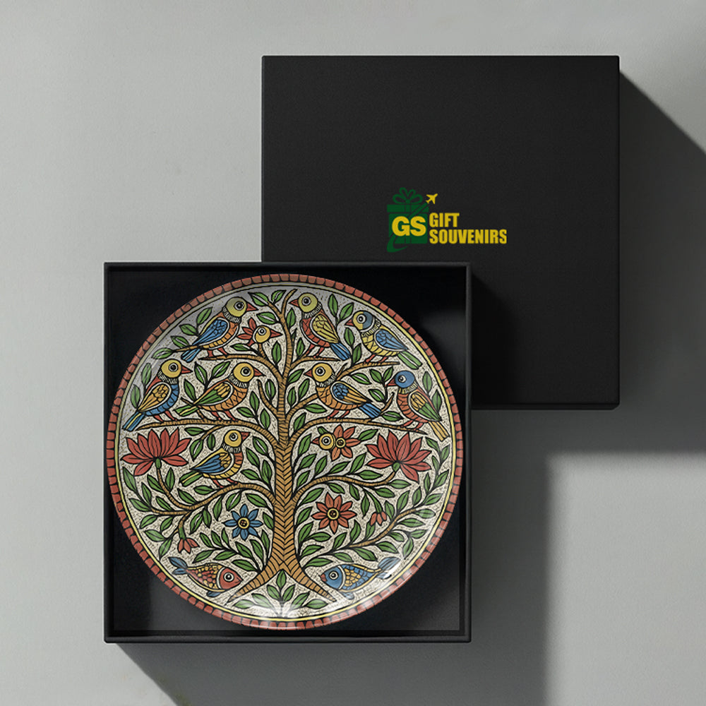 Indian folk-art Tree of Life artwork printed on a premium ceramic wall plate with detailed botanical and animal motifs.